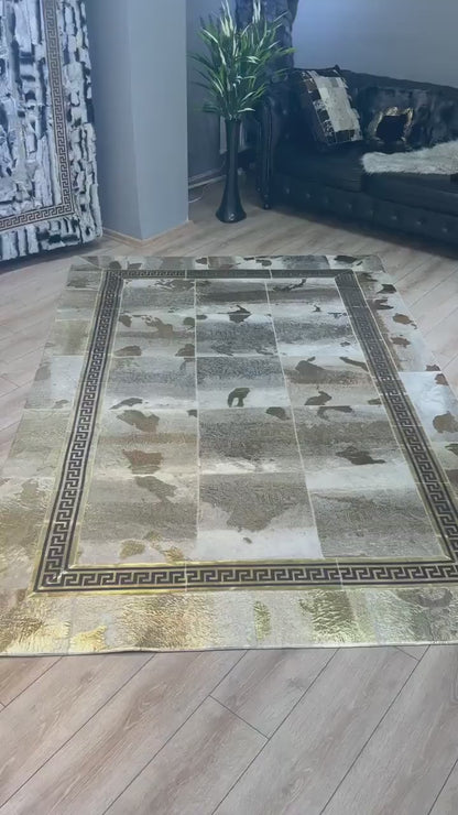 Luxury Sheepskin Gold-Bordered Area Rug with Exquisite Frayed Center