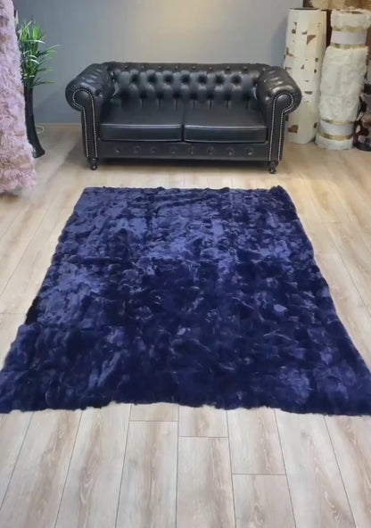 Deep Blue Genuine Rabbit Fur Rug — Handmade Luxury Statement Piece