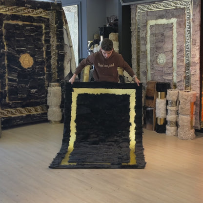 Midnight Black Sheepskin Area Rug with Gold Border Accent – Custom Luxury Statement Piece