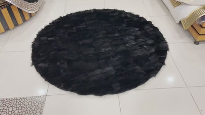 Natural Black Sheepskin Area Rug, Handamde Fluffy Round Rug for Home Decor