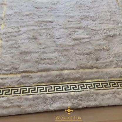 Ivory Sheepskin Area Rug with Gold Greek Key Border