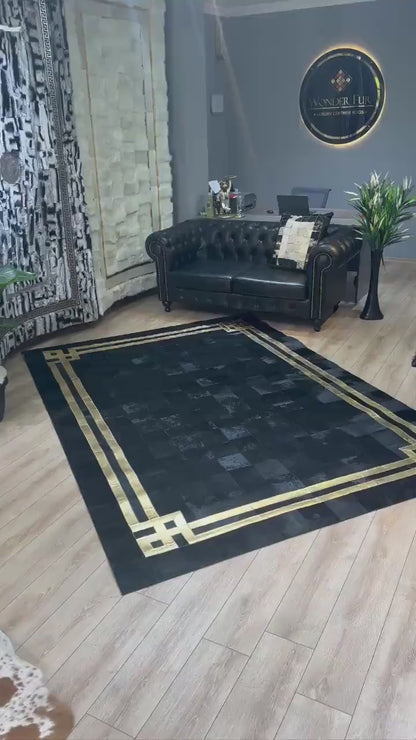 Black Gold Luxury Cowhide Rug, Unique 100% Genuine Cowhide Patchwork Rug, Bedroom Rug