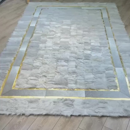 Genuine Handmade White Sheepskin Area Rug with Elegant Gold Border