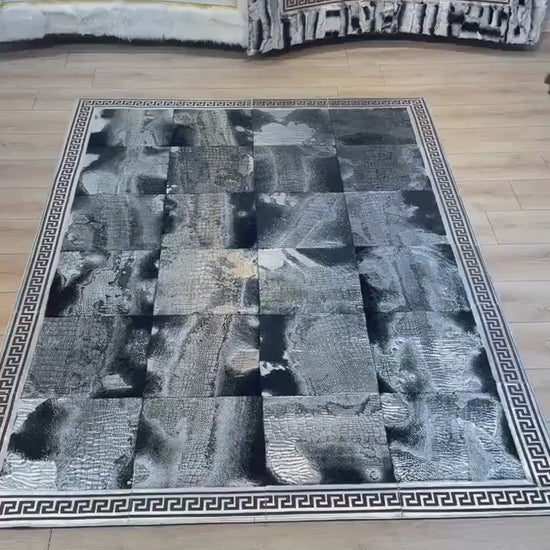 Luxury Silver Black Sheepskin Leather Rug,Patchwork Living Room Rug