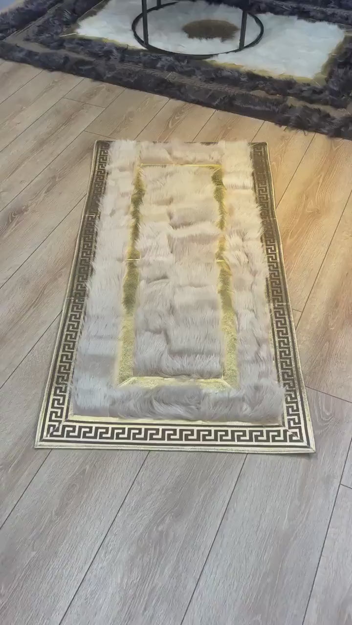 Luxury Shaggy White Gold Unique Sheepskin Runner Rug , Non Slip Carpet