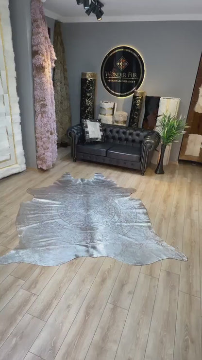 Silver Cowskin Decor Rug with Laser Pattern, Modern Design Natural Rug