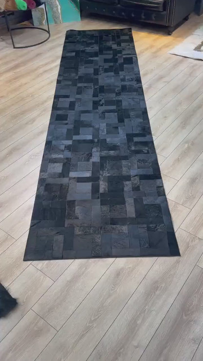 Black Cowhide Patchwork Rug, Handmade 100% Genuine Cowhide Runner Rug