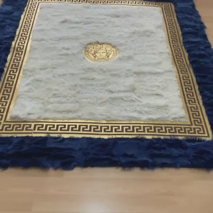 Royal Frame Sheepskin Area Rug with Deep Blue Border