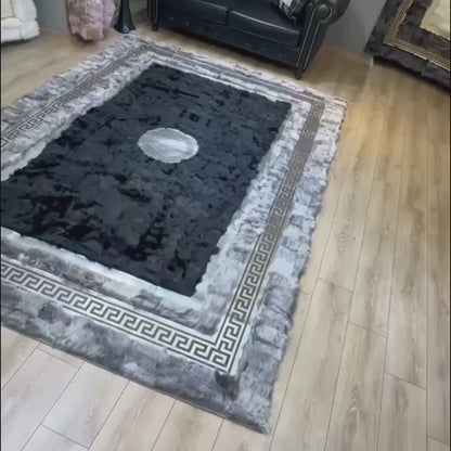 Handmade Genuine Sheepskin Area Rug with Black Center and Silver Border