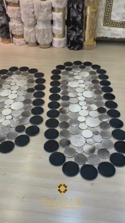 Tricolor Oval Genuine Cow Skin Runner Rug, Handmade Cowhide Patchwork Rug