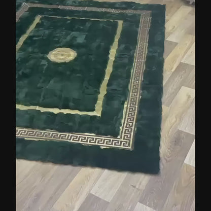 Handmade Deep Green Rabbit Fur Area Rug with Gold Border