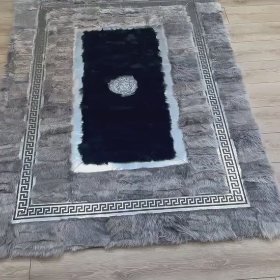 100%Natural Handmade Gray Black Sheepskin Office Area Rug , Modern Rug