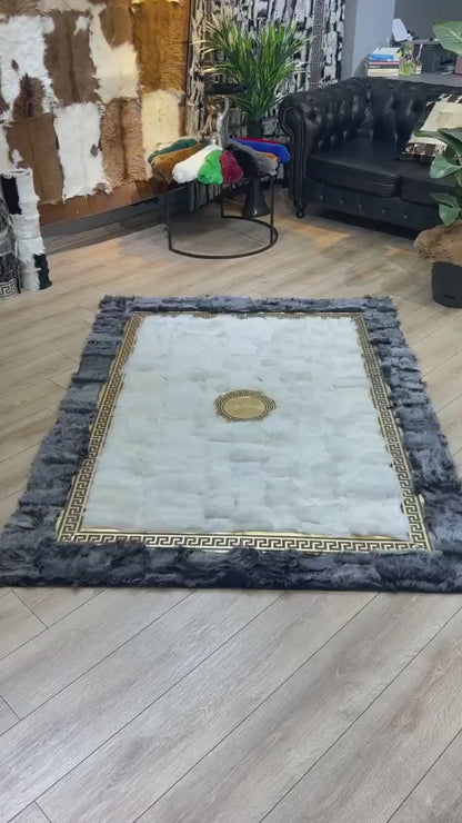 Handmade Custom Gray Natural Sheepskin Rug with Gold-Edged Creamy Rug