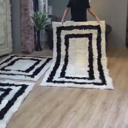 Natural Sheepskin Rug,Modern Handmade Black & White Living Room Accent