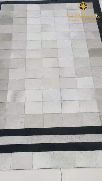 White Cowhide Patchwork Rug with Black Borders, Handmade Natural Area Rug