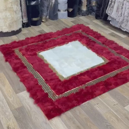 Genuine Handmade Sheepskin Area Rug with Red Border & Gold Greek Key Accent
