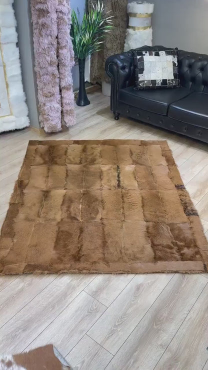 Brown Natural Goatskin Patchwork 8x11 Rug, Handamde Hair on Leather Area Rug