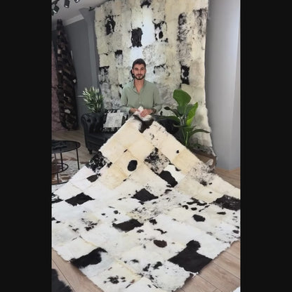 Midnight Ivory Patchwork Sheepskin Area Rug – Natural Black & White Statement Design