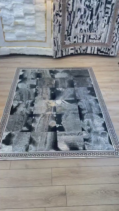 Luxury Silver Black Sheepskin Leather Rug,Patchwork Living Room Rug