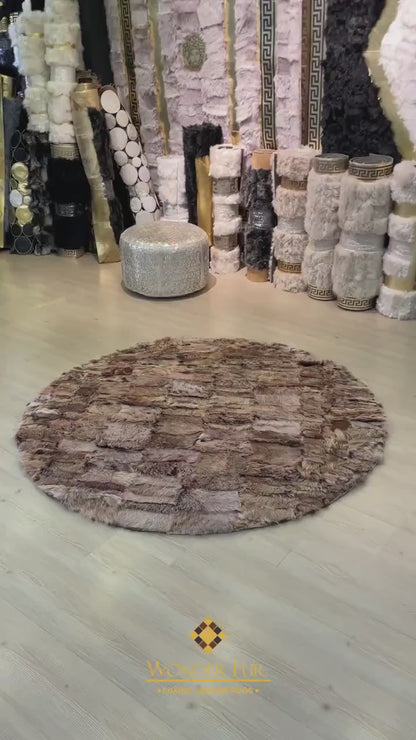 Brown Natural Sheepskin Round Rug for Entrance, Handame Fluffy Sheep Leather