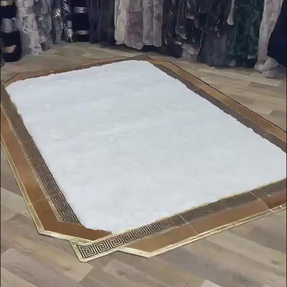 Handmade geniuen White Rabbit Fur Area Rug with Natural Cowhide Border