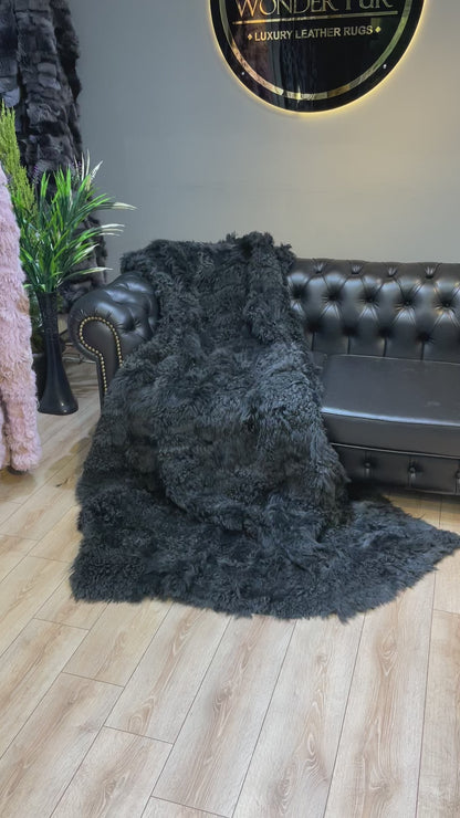 Genuine Leather Cozy Black Throw & Blanket, Sheepskin Fur Throw Shawl Blanket