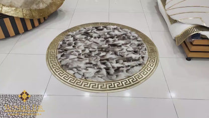 Unique Natural Fox Fur Round Carpet with Gold Borders, Handmade Elegance